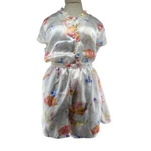 Morgan Taylor Satin Floral Pajama Set Medium Ruffle Button Top & Shorts